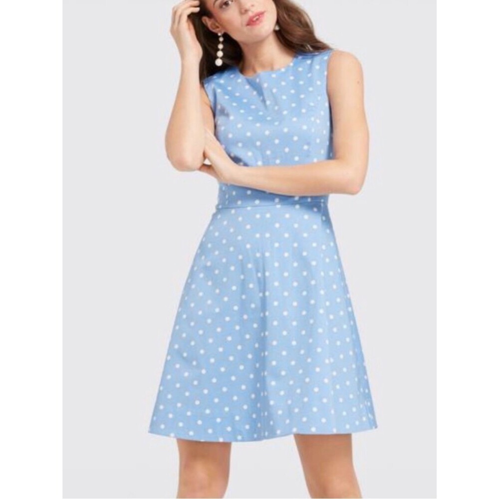 Draper James Blue White Polka Dot Fit Flare Circle Dress Sleeveless US 6 Preppy
